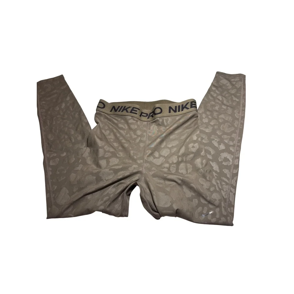 Nike Pro Kids Leopard Print Active Leggings Olive Green Brown Size L 12-14